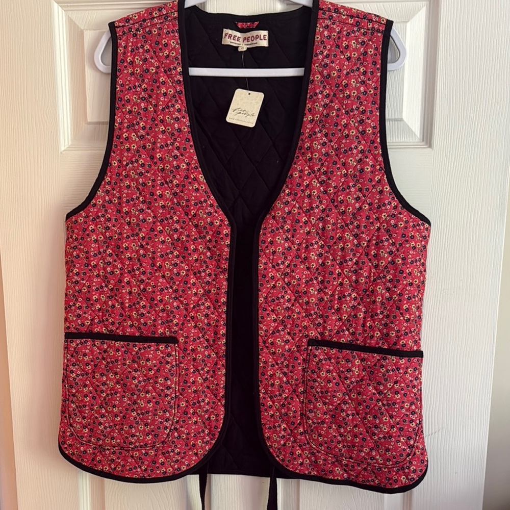 Free People Quilted Floral Vest in Red and Black